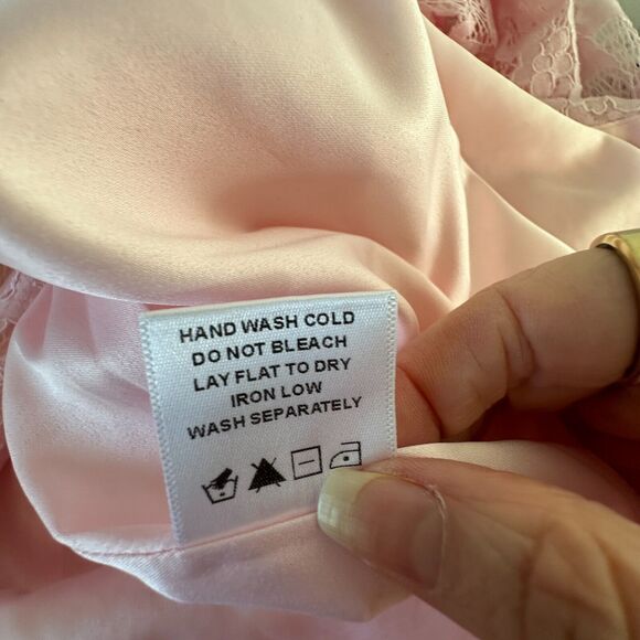 Marjorelle Pale Pink Lace Long Sleeve Tie Waist Kimono Wrap Mini Dress Robe M - Picture 10 of 12